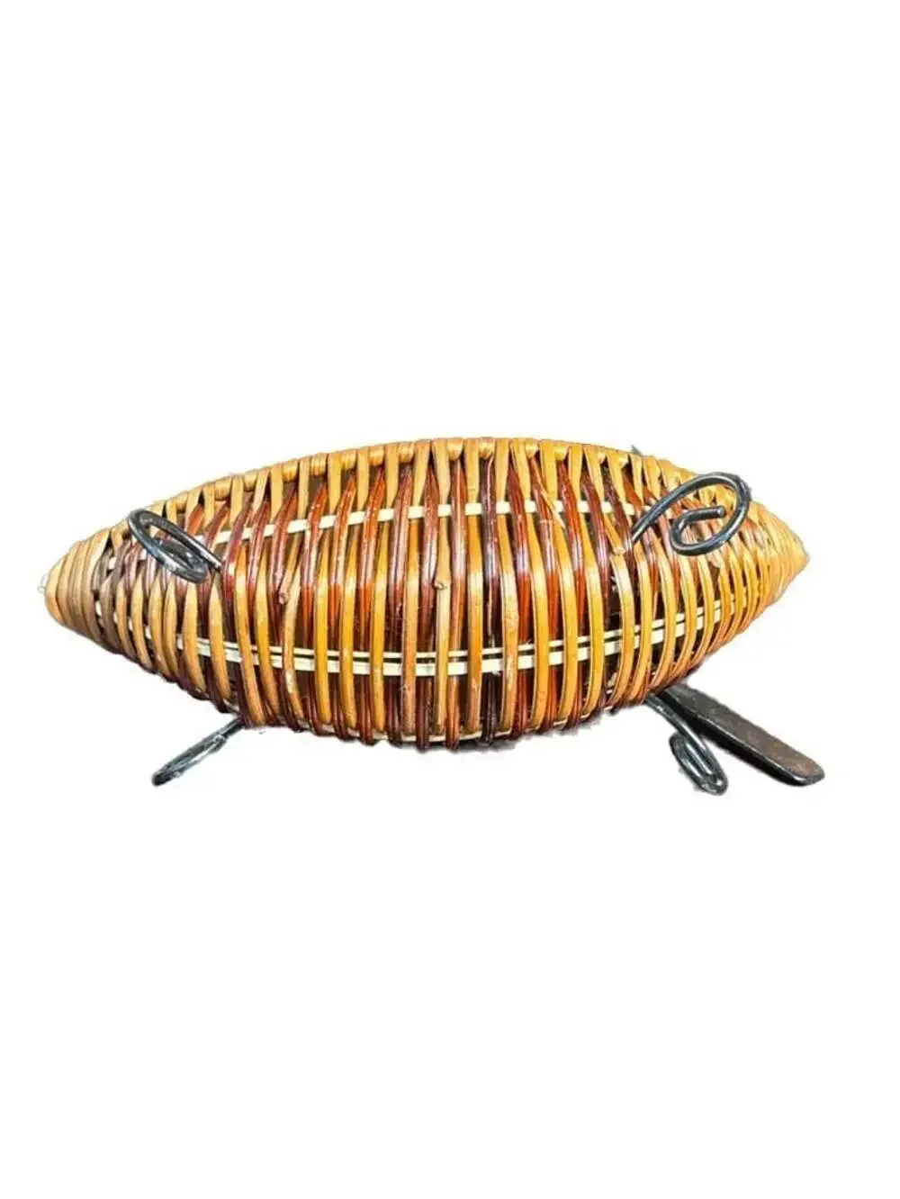 Vintage Asian Style Woven Wicker and Metal Gondola Boat Sculpture Fruit Basket